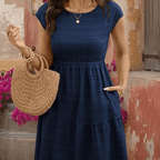 Women's Textured Babydoll Mini Dress - Cap Sleeve Empire Waist Tiered Summer Sundress
