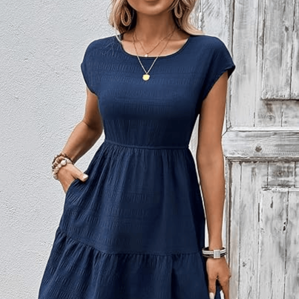 Women's Textured Babydoll Mini Dress - Cap Sleeve Empire Waist Tiered Summer Sundress