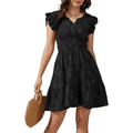 Women's Ruffle Sleeve Floral Mini Dress - V-Neck Smocked High-Waisted Summer Sundress with Pockets