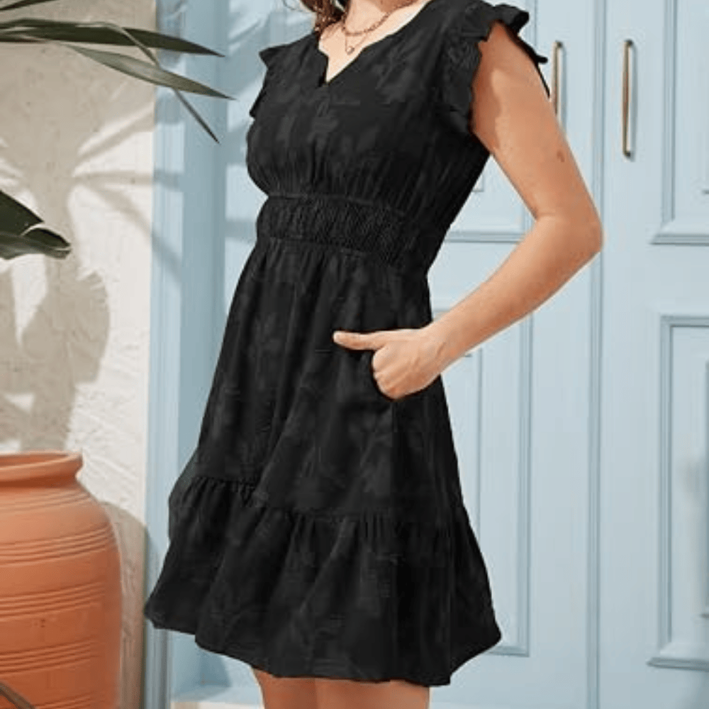 Women's Ruffle Sleeve Floral Mini Dress - V-Neck Smocked High-Waisted Summer Sundress with Pockets