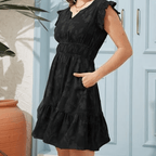 Women's Ruffle Sleeve Floral Mini Dress - V-Neck Smocked High-Waisted Summer Sundress with Pockets