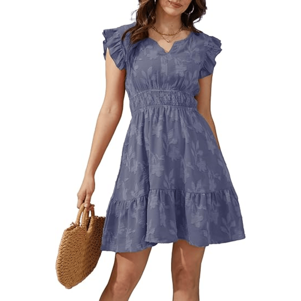Women's Ruffle Sleeve Floral Mini Dress - V-Neck Smocked High-Waisted Summer Sundress with Pockets